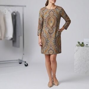 J.Crew Collection Italian Silk Gold Paisley Shift Long Sleeve Shift Dress, sz 8